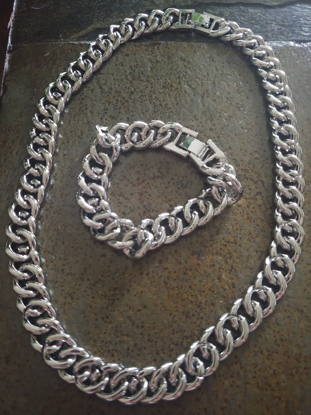 Men's Cuban Link Necklace and Bracelet Set - Silver Tone